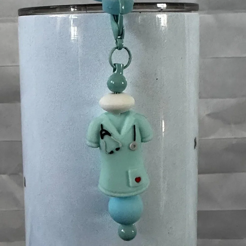 Medical Nurse Cup Charm Straw Hanger Blue Scrub Top Silicone Beads Accessory
